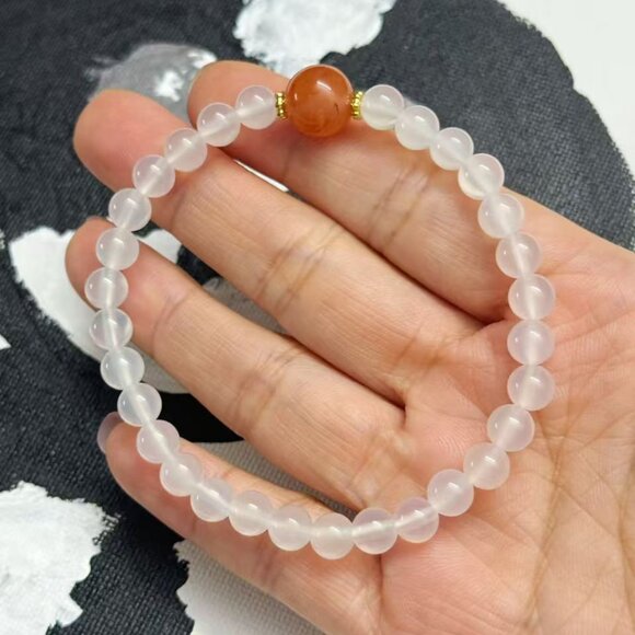 Natural Red Agate Bracelet Icy South Red Agate with Deep Red Center Bead - Picture 4 of 8